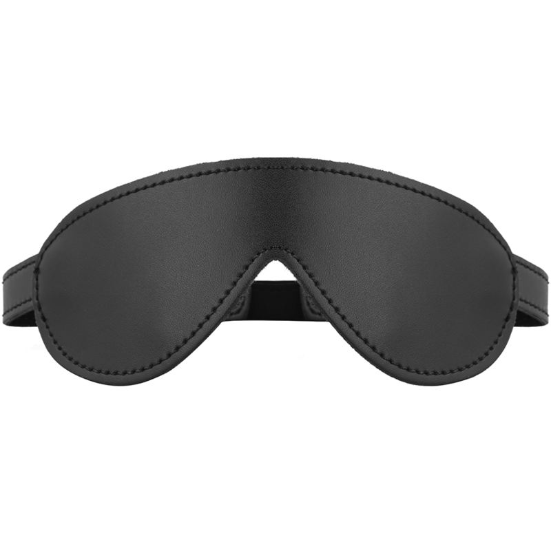 Benda per occhi nera in pelle vegana con fascia elastica, su sfondo bianco