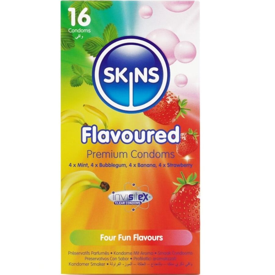 Confezione di preservativi Skins multigusto, su sfondo bianco