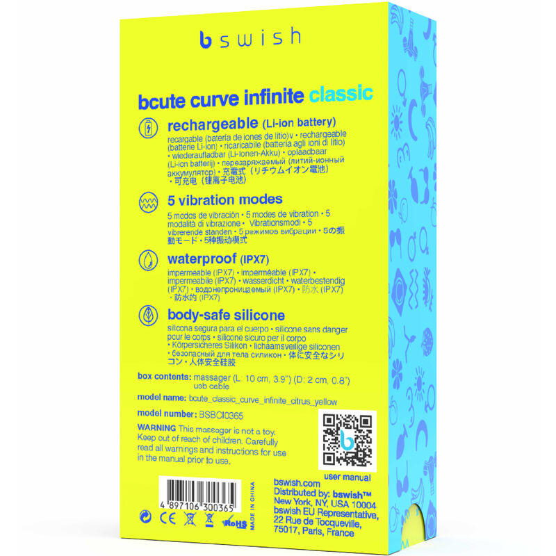 B Swish Bcute Curve Infinite Classic - Massaggiatore curvo, colore giallo - in mano per le dimensioni