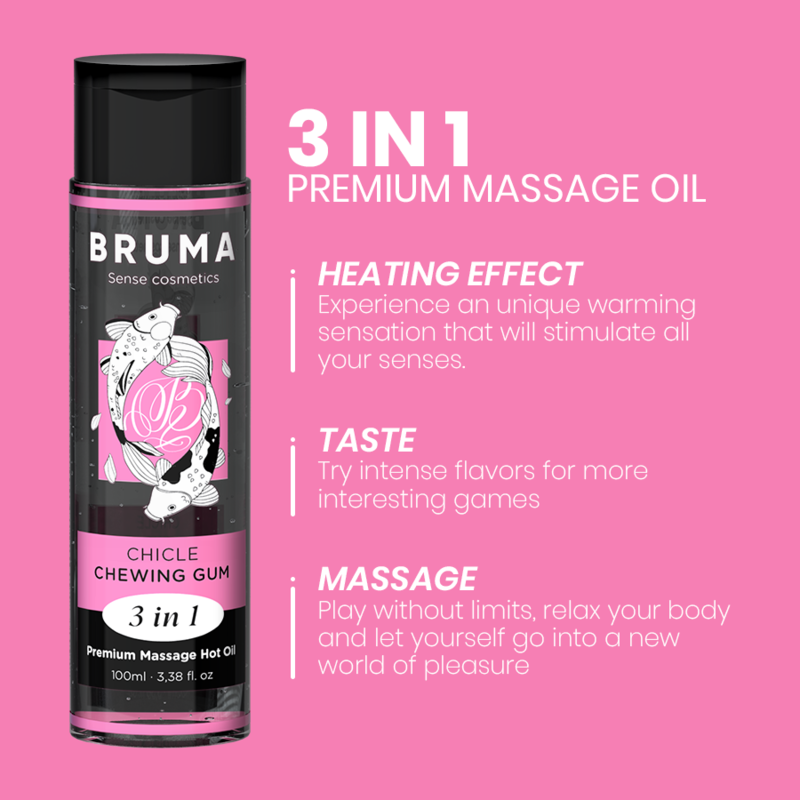 Bruma Premium Effetto Calore Sapore Gomma 3 100 ml - Olio da massaggio, kit da 3 - nella confezione