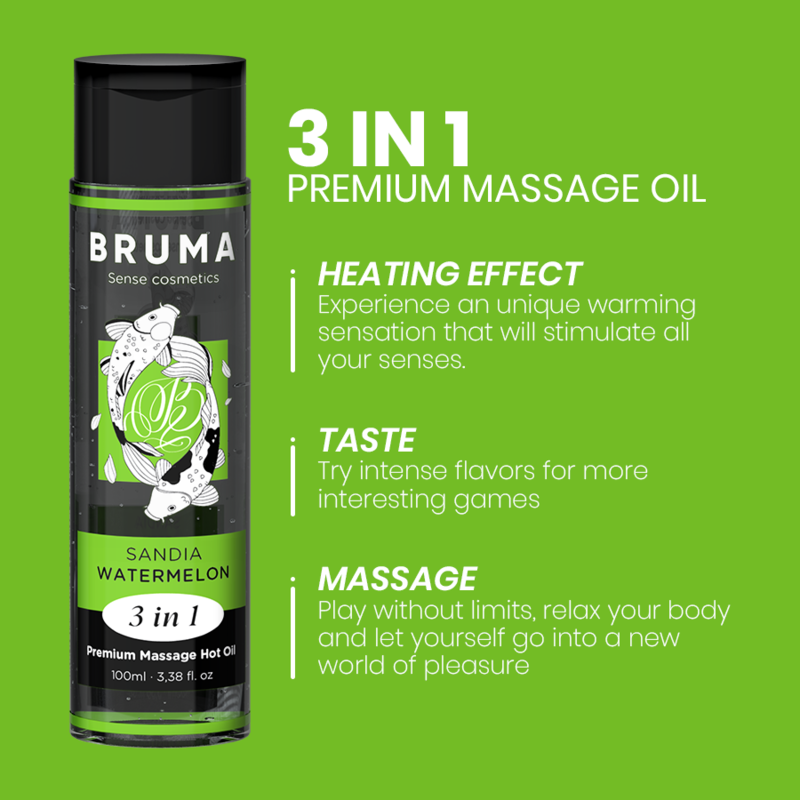 Bruma Premium Effetto Calore Sapore Anguria 3 100 ml - Olio da massaggio, kit da 3 - nella confezione