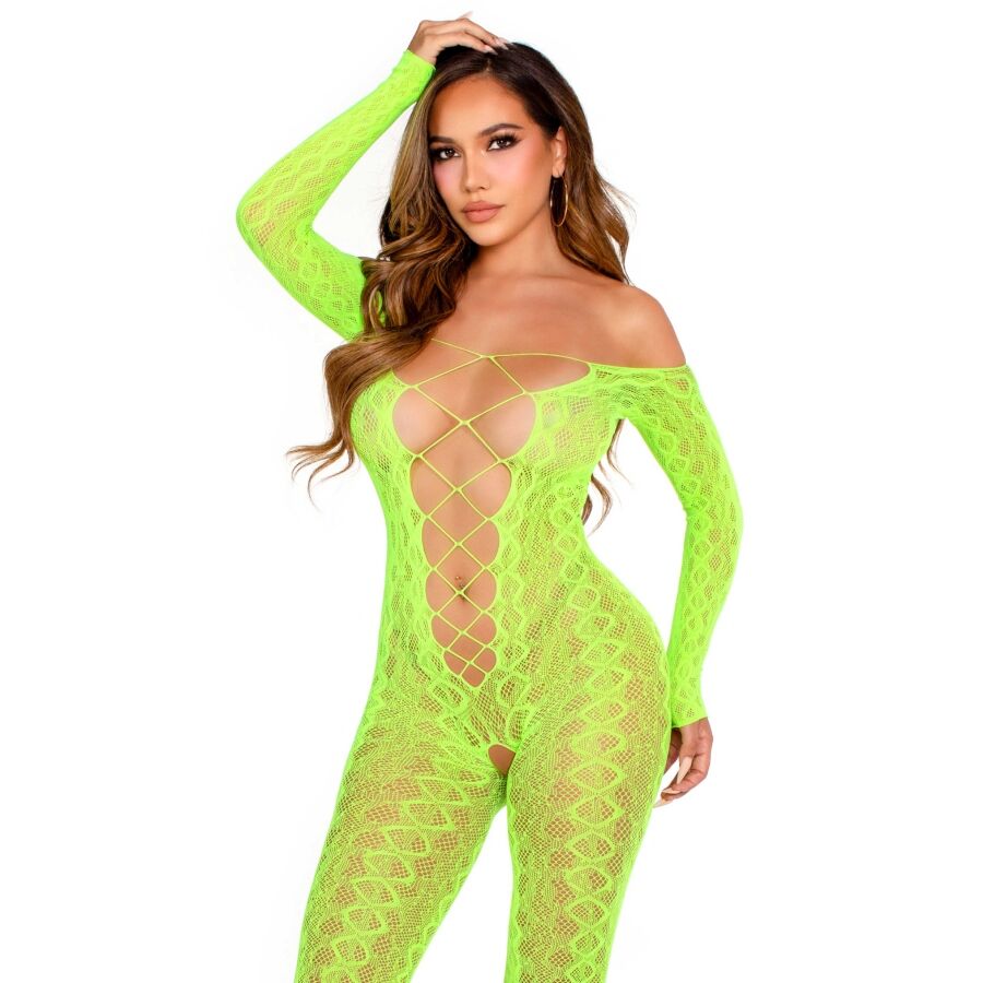 Leg Avenue Senza Cavallo Exotic Snake Lace Neon Green - Bodystocking