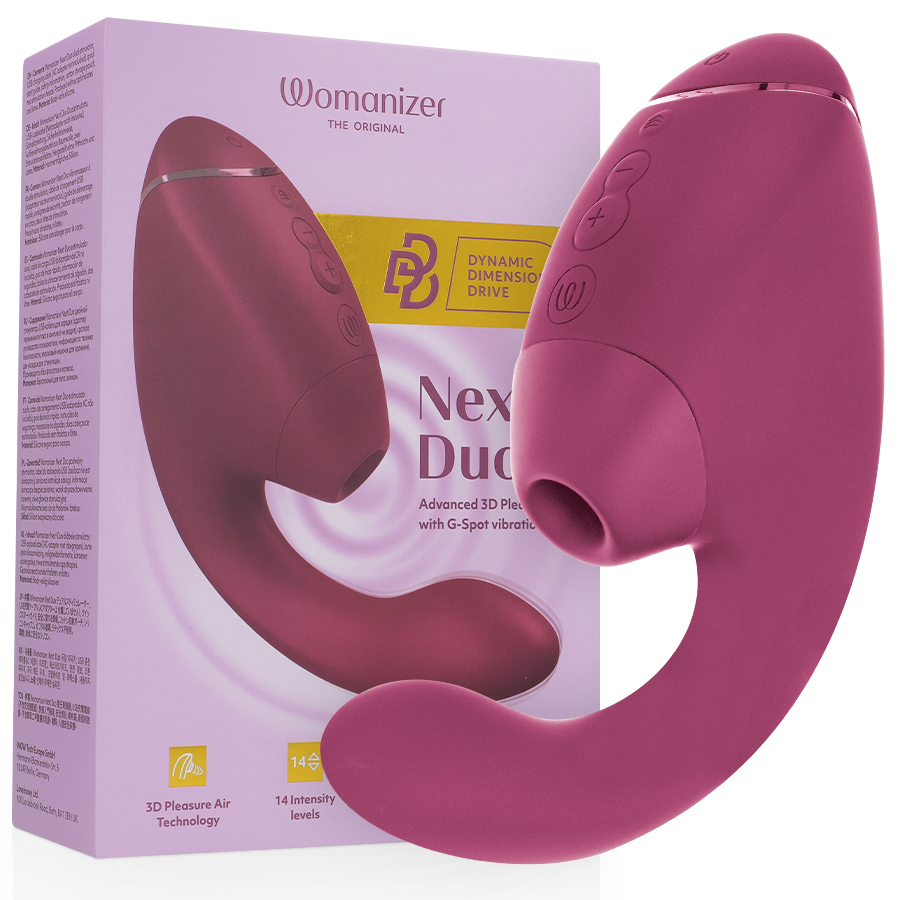 Womanizer Duo Next rosa scuro accanto alla sua confezione