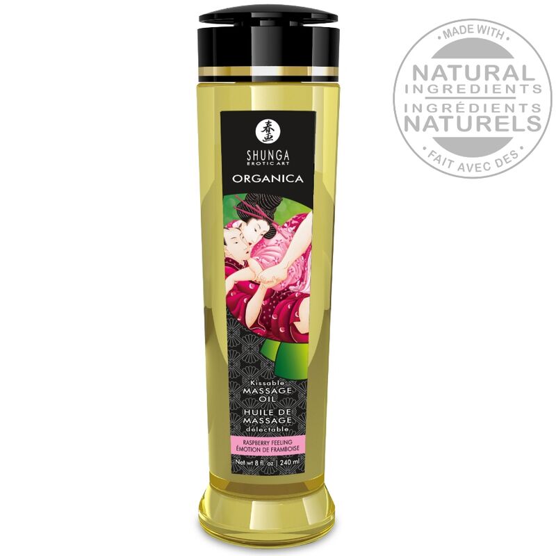Shunga Biologico AL Lampone 240 ml - Olio da massaggio, kit da 3 - vista laterale