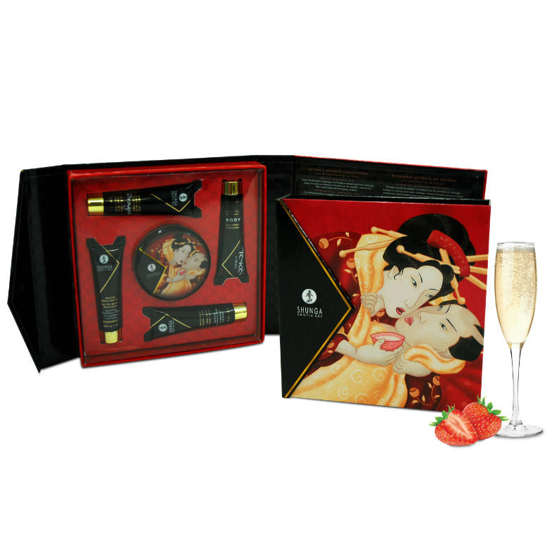 Shunga Kit Segreto Geisha Fragole - Olio da massaggio, kit da 3 - vista laterale